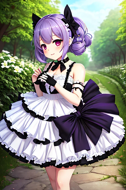 masterpiece, Highest quality, Highly detailed 8k wallpaper, One girl, Outdoor, Helena(Azur Lane),strapless dress, dress, layered dress,White flower, hair ornaments, Purple eyes, (choker), overview, (Black gloves), barefoot,