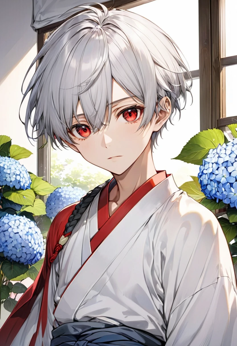 (close up face) (16 yo, solo crew cut silver hair very short hair divine sword fighter boy, detailed cool red eyes, serious face, flat chest), (in a Yamakasa costume, japanese loincloth), break, (in the simple bedroom, background Through the window, out side A cluster of hydrangeas), BREAK, perfect anatomy, masterpiece, best quality, 16k, beautiful detailed grow, daydreaming expression.