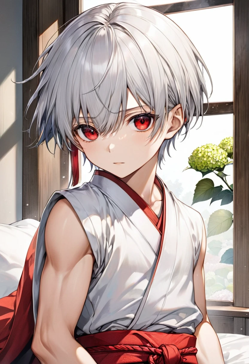 (close up face) (16 yo, solo crew cut silver hair very short hair divine sword fighter boy, detailed cool red eyes, serious face, flat chest), (in a Yamakasa costume, japanese loincloth), break, (in the simple bedroom, background Through the window, out side A cluster of hydrangeas), BREAK, perfect anatomy, masterpiece, best quality, 16k, beautiful detailed grow, daydreaming expression.