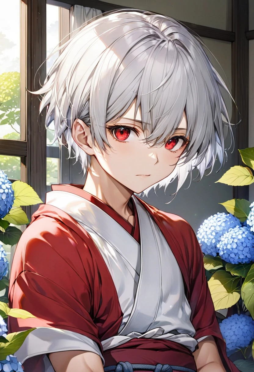 (close up face) (16 yo, solo crew cut silver hair very short hair divine sword fighter boy, detailed cool red eyes, serious face, flat chest), (in a Yamakasa costume, japanese loincloth), break, (in the simple bedroom, background Through the window, out side A cluster of hydrangeas), BREAK, perfect ???????, masterpiece, best quality, 16k, beautiful detailed grow, daydreaming expression.