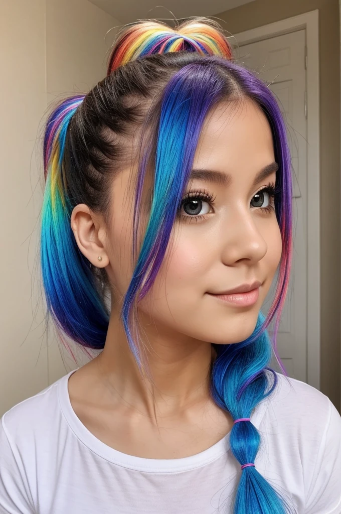 Very cute adult girl Have long rainbow Blue slimed pony tail