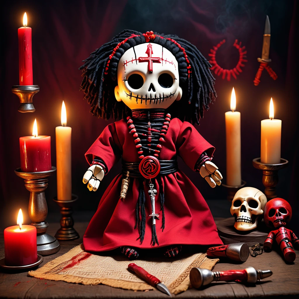 (knitted toy voodoo doll:1.8), (Voodoo Blood Ritualist:1.8), (Clothing: blood-red robes with ritualistic symbols:1.0), (Accessories: blood chalice, ceremonial dagger, bone necklace:1.2), (Background: blood-stained altar with dark candles and ritual markings:1.2), (full body:1.0), best quality, masterpiece, detailed soft oil painting, detailed background, dramatic cinematic lighting, soft edge lighting, professional, dramatic lighting, hard edge lighting, ultra quality, 4k, masterpiece, best quality, 8k, ultra high definition, high resolution, extremely detailed
