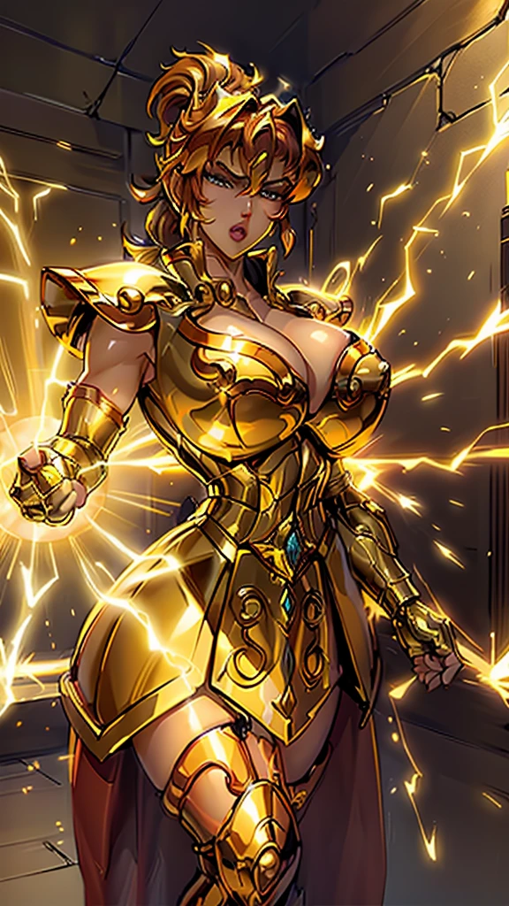 Gold Armor, 4K image, rallies, best quality, masterpiece, movie lighting ，Sexy，Large Breasts，Cleavage，action，In battle，cleavage，anger，noble，Light beams from hands，Golden lightning all around，red hair，ponytail hairstyle，Saint Seiya Leo Aiolia，Wink，lipstick