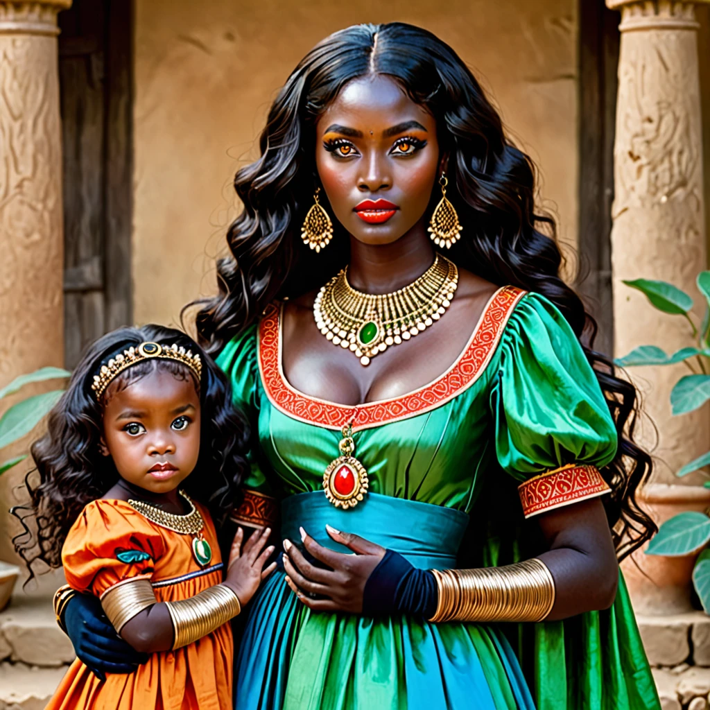 dark skin woman, with orange eyes, green and blue ancient era dress, with long wavy black hair, short black gloves on hands, a red ring on her finger, lips a little wide, golden hoops in her ears, with two babies with brown hair and green eyes