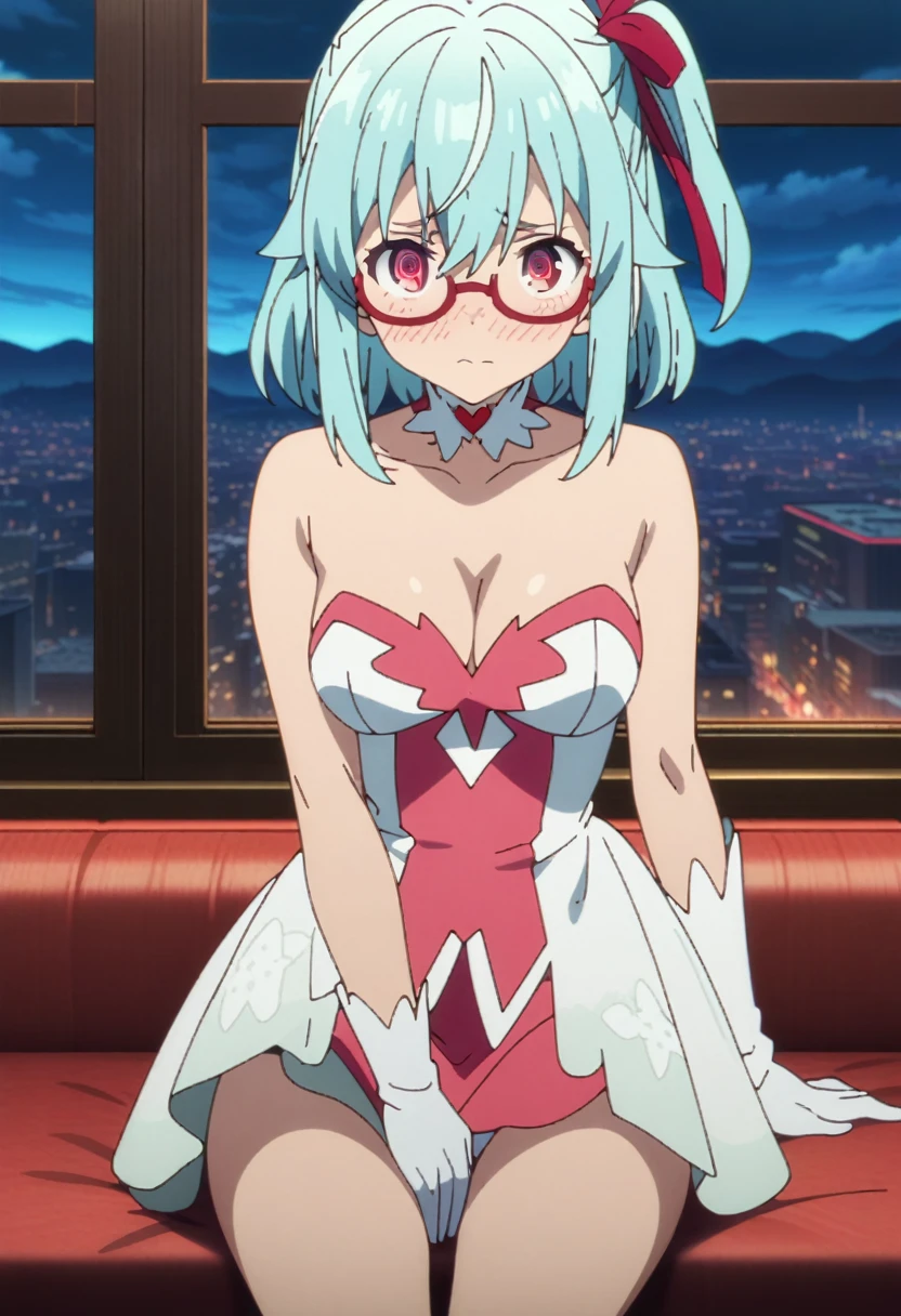 cel-shaded, detailed, high quality, masterpiece, best quality, very aesthetic, absurdres, anime screencap, miku. 1girl, solo, (red eyes:1.5), detailed eyes, light blue hair, medium hair, one side up , bangs, hair between eyes, hair ribbons, magical girl dress, panties, strapless, choker, white gloves, glasses, white boots, thighs, medium breasts, blush, borrowed, embarrassed, sexy, collarbone, cleavage, ((cowboy shot)), ((from front)), window, city, sky, clouds, night, (sitting), (looking at viewer:1.0)
