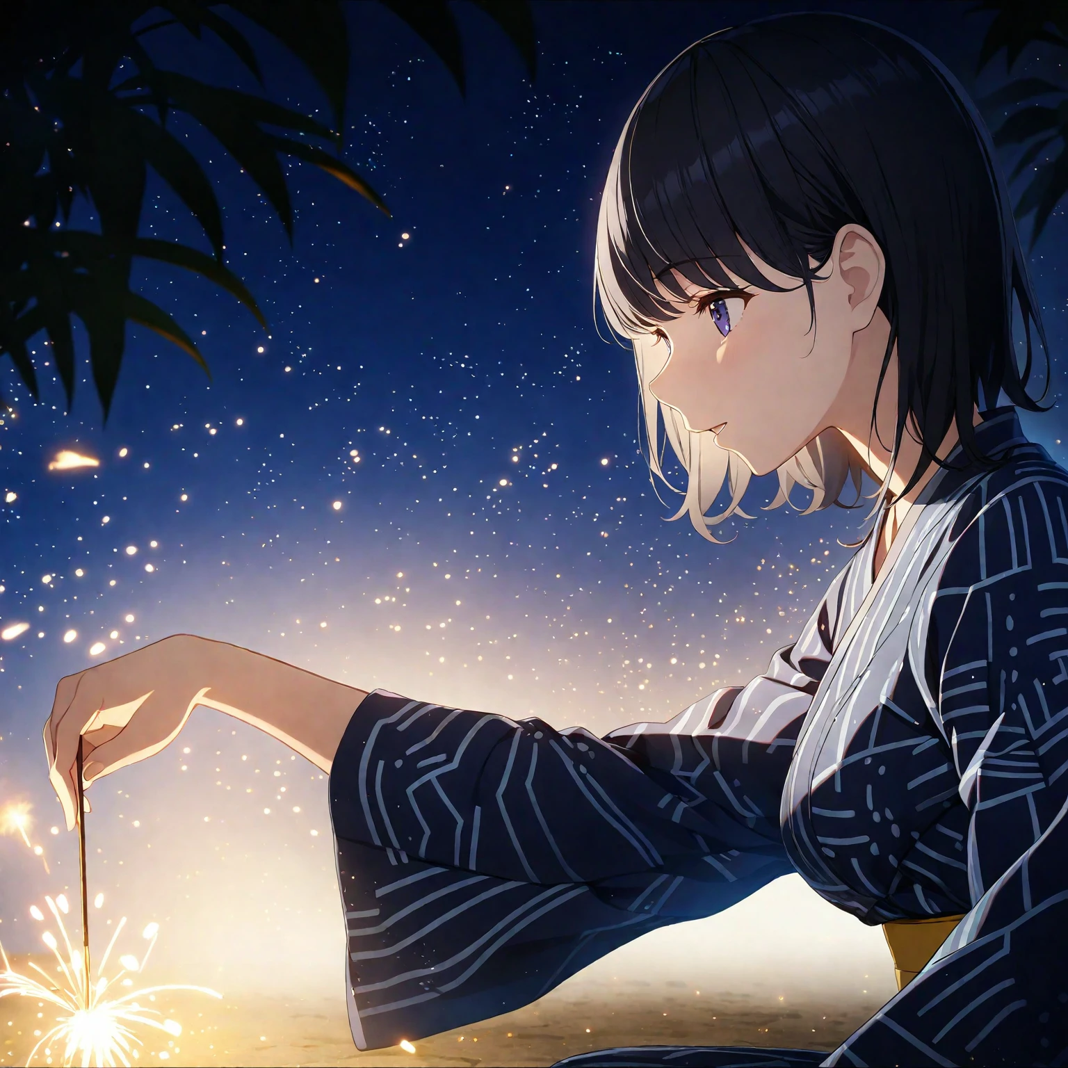 1girl、Black Hair、Indigo yukata、Yellow belt、squat、Sparkler、night、Illuminate the face、少女がしゃがんでSparklerの火を見つめる、deep faint light 、 detailed CG、high resolution