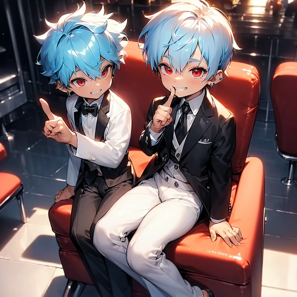 (solo:2.5), (boldline:-1.7), (put index finger on mouth:1.5), (((((musical notes))))), (sitting on red chair:1.5), (((fang))), (((best finger))), BREAK (best quality:1.5), (absolutely resolution:1.5), (ultra detailed:1.5), (masterpiece:1.5), (perfect face), (detailed face), (detailed eyes), (best eyes), (cute face), (shota:2), BREAK (tuxedo:1.5), (bulge:1.6), (skinny:1.3), BREAK (light blue hair:1.5), (spiked hair), (wine red eyes:1.4), (eyes with highlight:1.6), ((mole under eye)), (sweaty skin), (grin:1.5), ((earrings)), (shiny skin:1.3), BREAK (concert hall:1.5), (spot light:1.3), (at concert), (many people), ((wind blowing)), frow below,