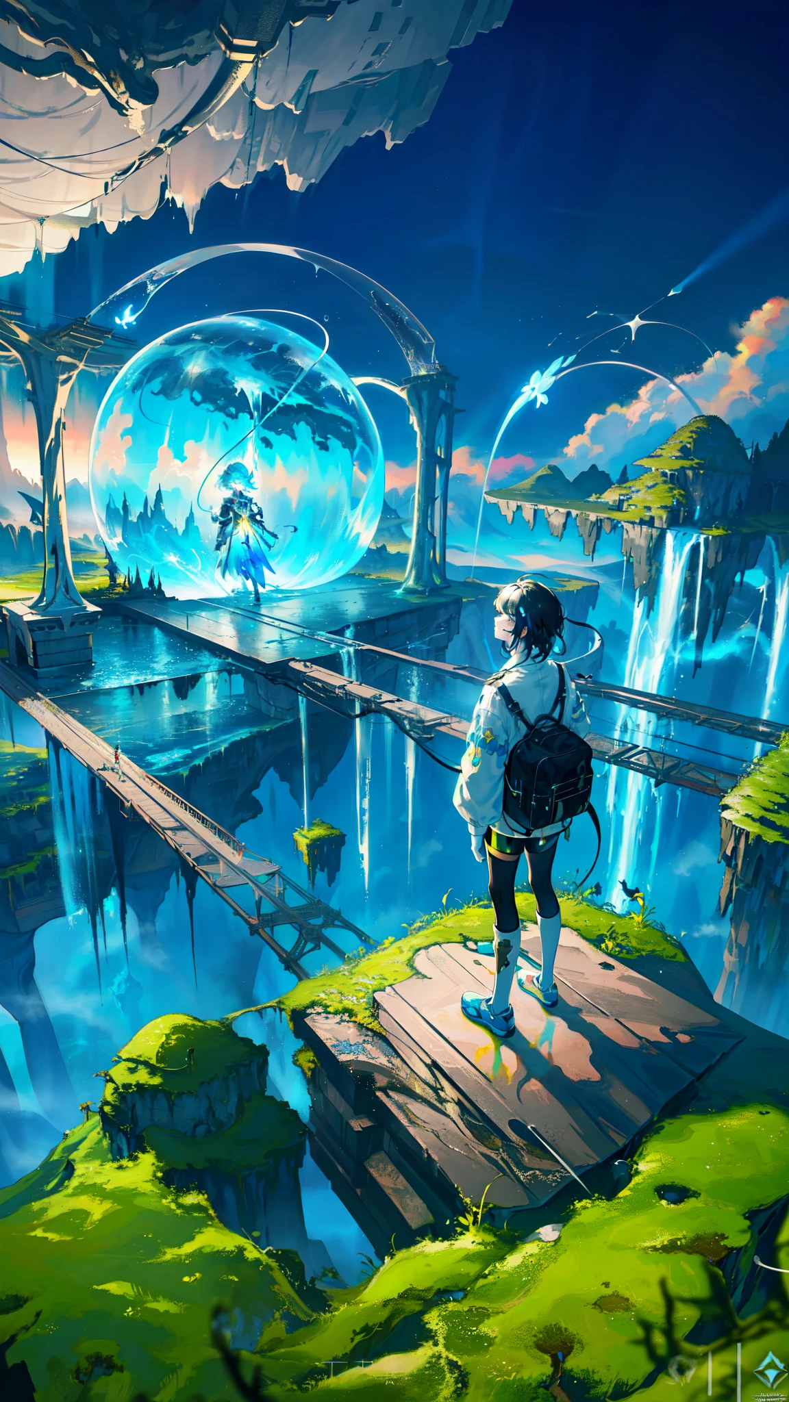 A scientist teenager boy observes a monumental quantum gate activation from a suspended bridge amidst floating islands and waterfalls. The scene combines advanced technology with natural beauty, fantasy world, dark background, clean design, epic, artstation, colorful paint splatter, silhouette, hyper detailed intricate details, unreal engine, fantasy, splash screen, complementary colors, deviantart masterpiece, oil painting, heavy strokes, paint dripping, indifferent expression