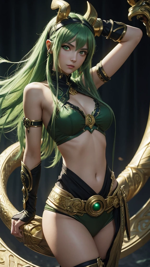 whole figure of a girl with a green hair and big golden eyes with ouroboros-shaped handband, highly details, fantasy style, blurred stricks and spots in the background