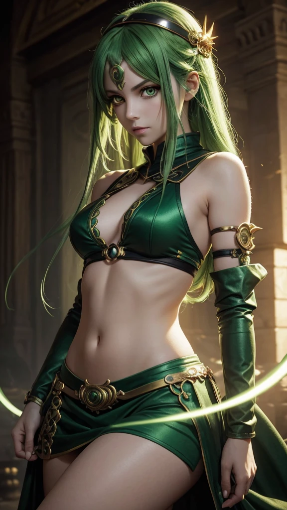whole figure of a girl with a green hair and big golden eyes with ouroboros-shaped handband, highly details, fantasy style, blurred stricks and spots in the background