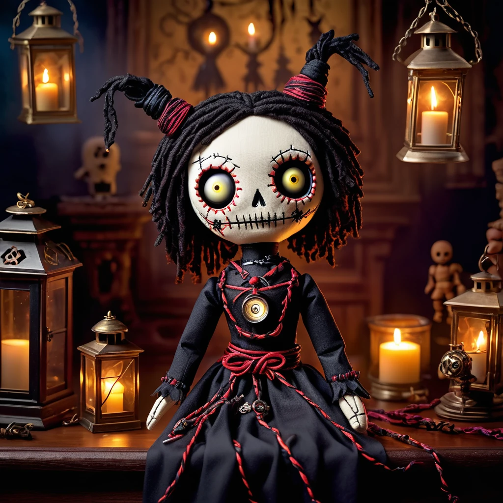 (knitted toy voodoo doll:1.7), (Voodoo Soul Captor:1.6), (Clothing: ethereal robes with ghostly patterns:1.0), (Accessories: soul lantern, ghostly chains, spectral gloves:1.2), (Background: haunted mansion with flickering lights and spectral figures:1.2), (full body:1.0), best quality, masterpiece, detailed soft oil painting, detailed background, dramatic cinematic lighting, soft edge lighting, professional, dramatic lighting, hard edge lighting, ultra quality, 4k, masterpiece, best quality, 8k, ultra high definition, high resolution, extremely detailed
