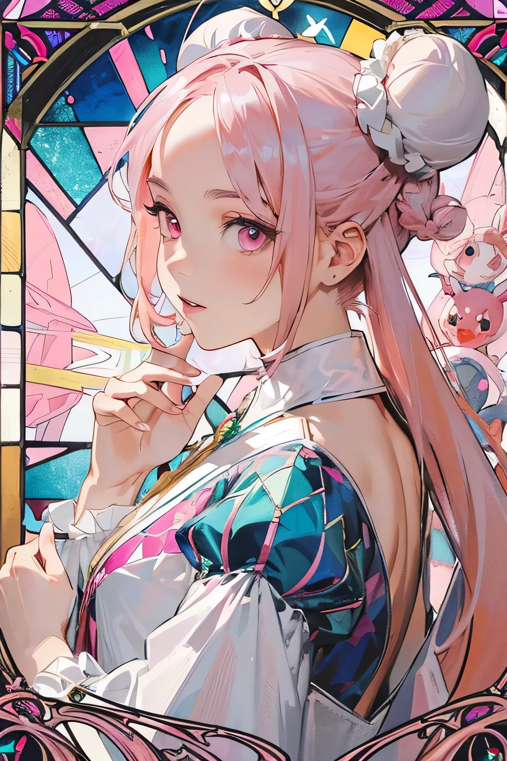 (masterpiece, Highest quality), 8K,(((Very detailed))), race:1.8,Super intricate race pattern,colorful race pattern,Stained Glass Background, kaleidoscope,light up, 1 female,Open Back,Top Bust:1.5,(Hair Ribbon:0.4), Pink Eyes,(((White bun hair))),(((Long pink hair))),