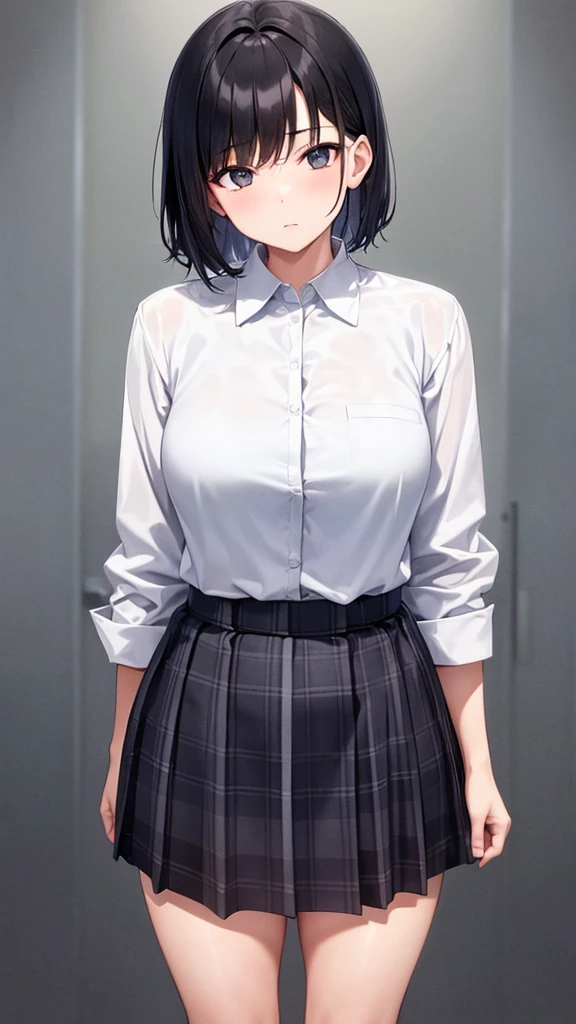 1 woman, 15 year old woman, , medium breasts, medium ass, little thick legs, tall woman, White skin, short black hair, standing, looking at the viewer, Short skirt, on the street, white button down shirt, blue plaid skirt 