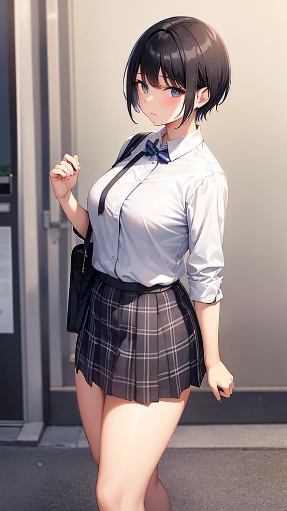 1 woman, 15 year old woman, , medium breasts, medium ass, little thick legs, tall woman, White skin, short black hair, standing, looking at the viewer, Short skirt, on the street, white button down shirt, blue plaid skirt