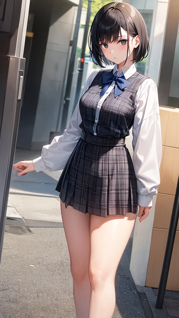 1 woman, 15 year old woman, , medium breasts, medium ass, little thick legs, tall woman, White skin, short black hair, standing, looking at the viewer, Short skirt, on the street, white button down shirt, blue plaid skirt 