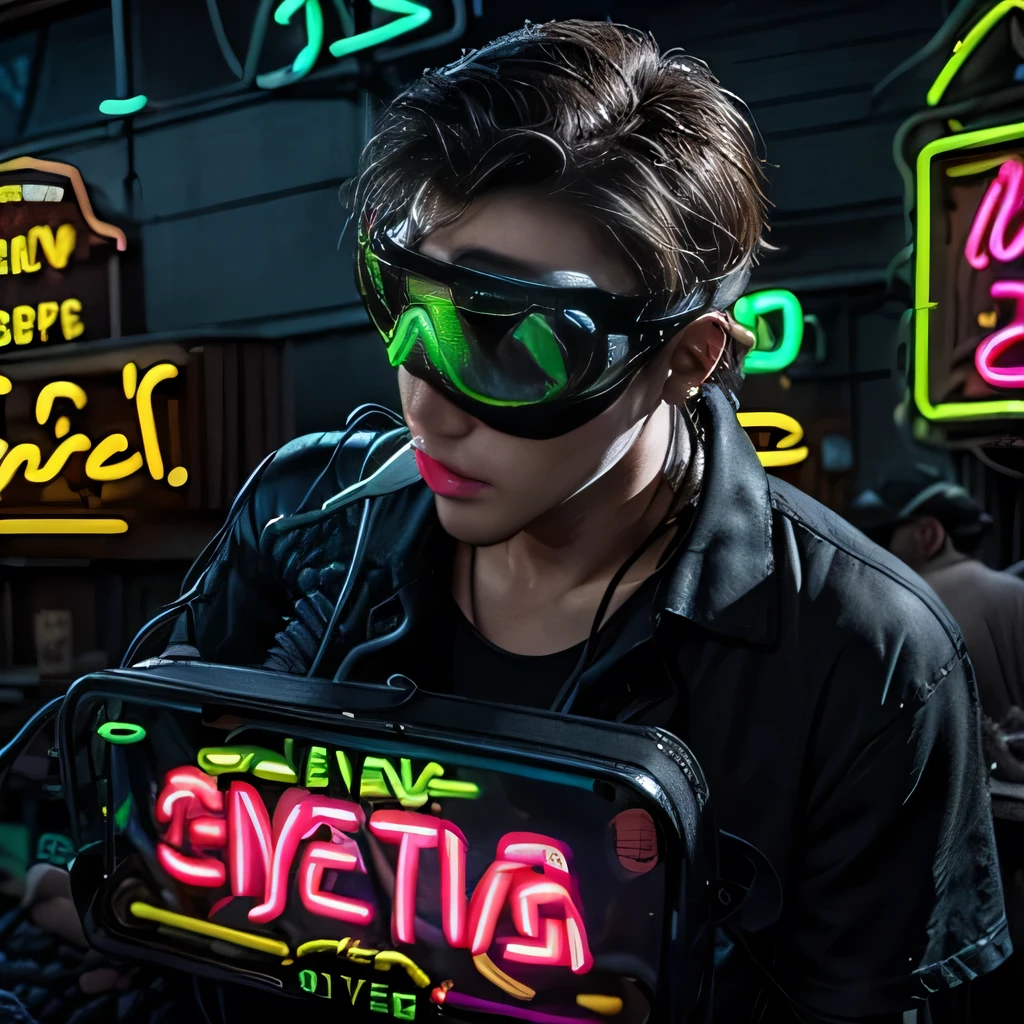 best quality, ultra-detailed, realistic, (1man), (black shirts:1.3), (goggles:1.8), (neon sign:1.8),