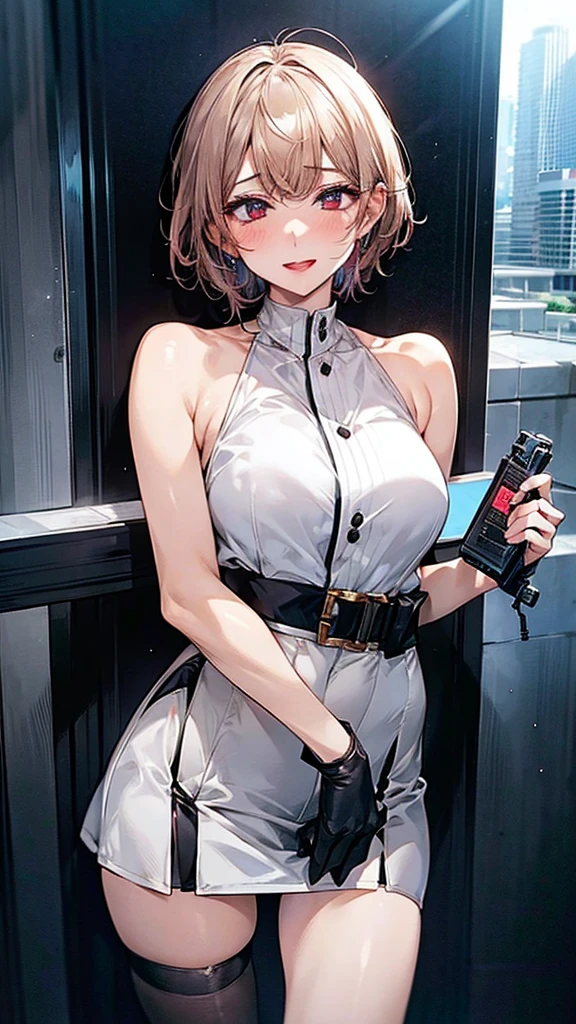 Short Hair、Ahegao、orgasm、Caught by a man、Future City Leaders: Female leader standing on the roof of a skyscraper in a futuristic city。Wearing a high-performance suit、Overlooking the city。Speed、Holding a gun、A pistol the same size as her、mini skirt