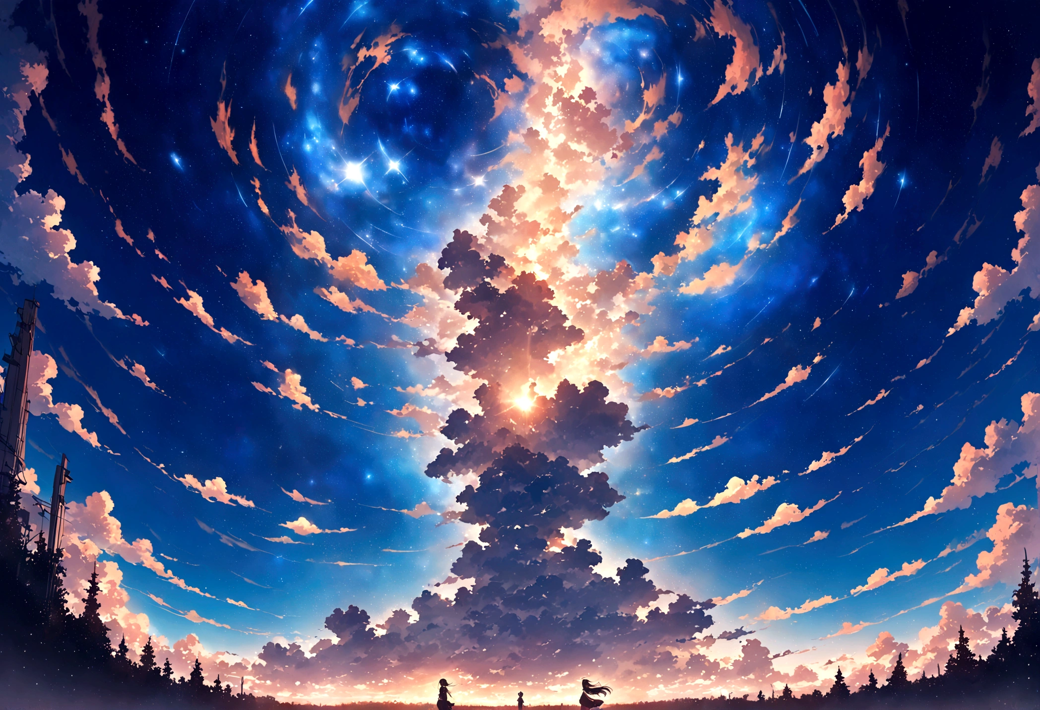 masterpiece,32k,Blue Hair、、The starry sky fills the screen.、のBack view,Art Style、Beautiful digital illustrations、Beautiful character drawings、Stunning Anime Face Portraits, Lo-fi Girl, Admire the art style, Anime atmosphere, Digital anime illustration, Anime Wallpapers 8K, Blue Hairの女性, High resolution, high quality, Beautiful and realistic sky, The sky is the main thing, Back view,