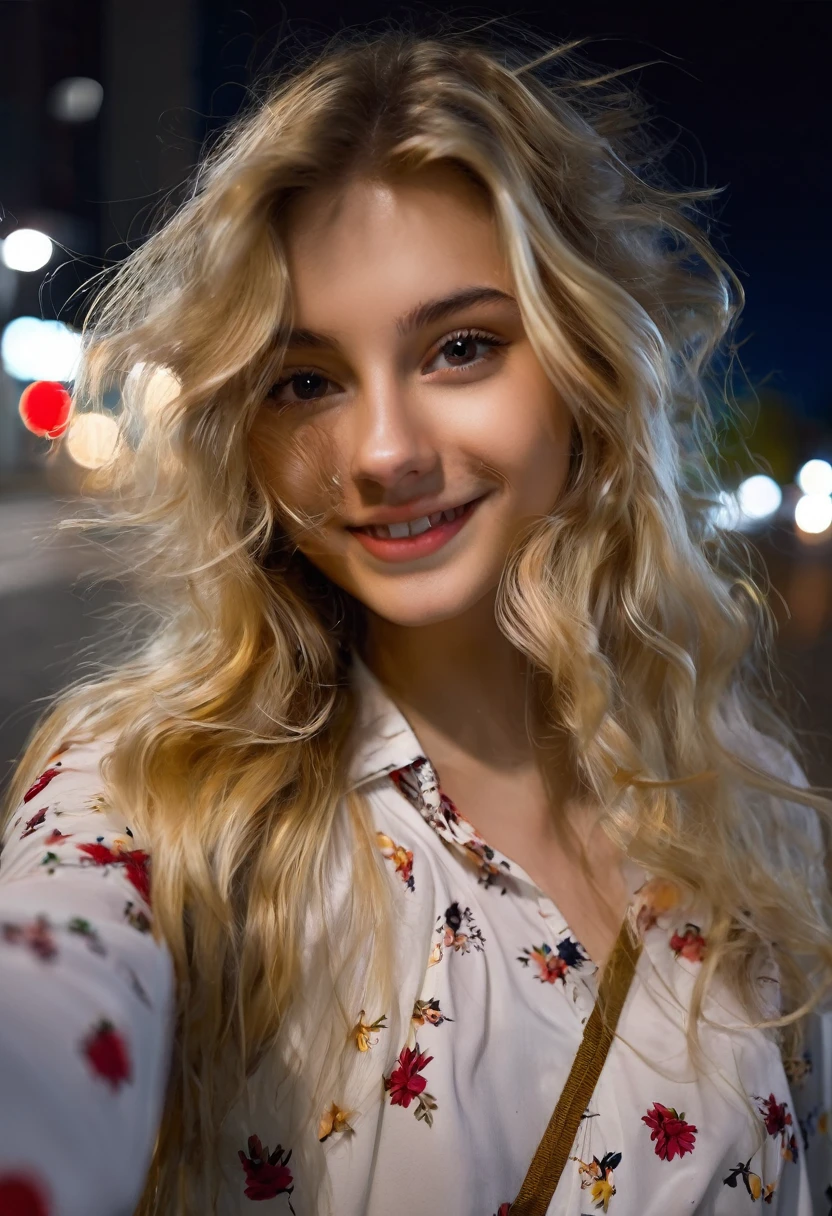 Cute blonde girl 19 years old, (((taking a selfie))), on the street, night, smiling, sexy hairstyle, sexy little blouse, (((hair in the face in the wind)))