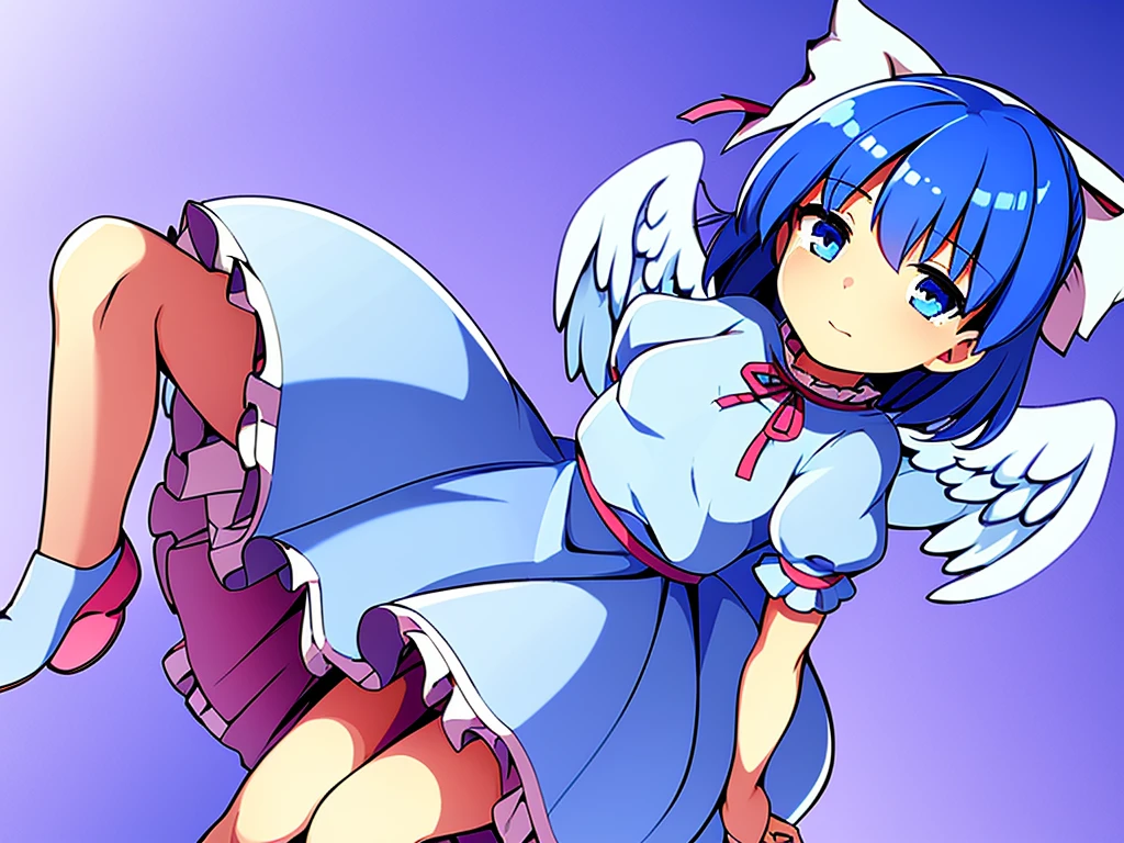 masterpiece, best quality, 1girl, , , 10 years old, medium blue hair, hair flaps, pink ribbon on head, well-formed face, blue eyes, angel girl, white blouse, puffy short sleeves, red ribbon, angel wings, long white skirt, red shoes, frills, ribbon head