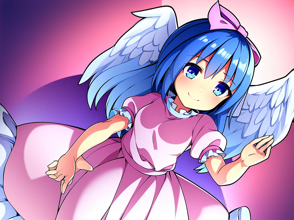 masterpiece, best quality, 1girl, , , 10 years old, medium blue hair, hair flaps, pink ribbon on head, well-formed face, blue eyes, angel girl, white blouse, puffy short sleeves, red ribbon, angel wings, long white skirt, red shoes, frills, ribbon head