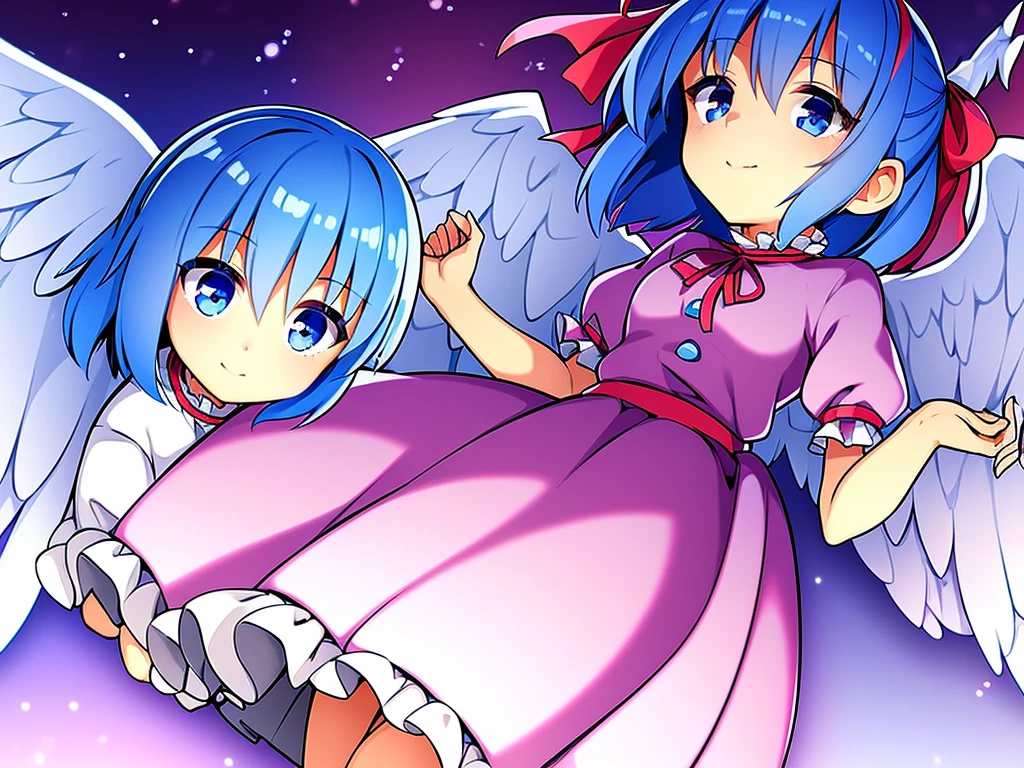 masterpiece, best quality, 1girl, , , 10 years old, medium blue hair, hair flaps, pink ribbon on head, well-formed face, blue eyes, angel girl, white blouse, puffy short sleeves, red ribbon, angel wings, long white skirt, red shoes, frills, ribbon head