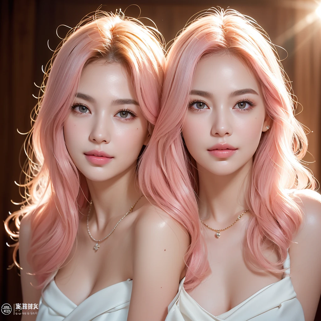 (RAW photo, best quality), (realistic, photo-realistic:1.2), 1girl, high quality, (high detailed skin:1.4), puffy eyes, gorgeous hair, (light room:1.3), (rim lighting:1.3), (lit:1.3), (sunny day:1.3), indoors, portrait, light pink hair, long hair, smirk, mole on the cheek, plump lips, necklace