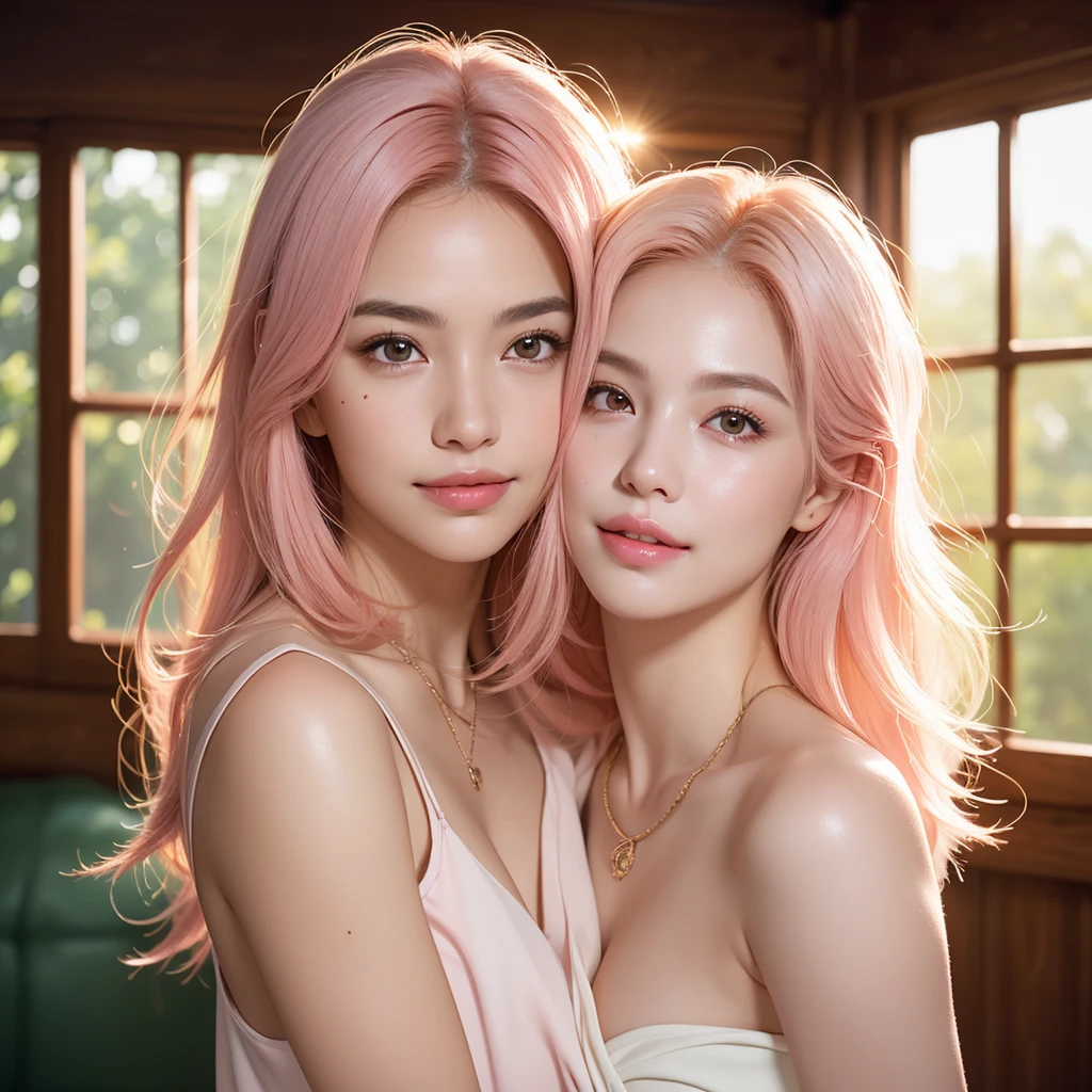 (RAW photo, best quality), (realistic, photo-realistic:1.2), 1girl, high quality, (high detailed skin:1.4), puffy eyes, gorgeous hair, (light room:1.3), (rim lighting:1.3), (lit:1.3), (sunny day:1.3), indoors, portrait, light pink hair, long hair, smirk, mole on the cheek, plump lips, necklace