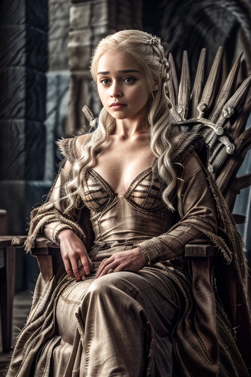 A sexy Daenerys Targaryen sitting on the Game of Thrones throne, fantasy throneroom, sinister gothic hall, gothic throne, dark, horror, best quality, masterpiece, d43n3rys, emlclrk