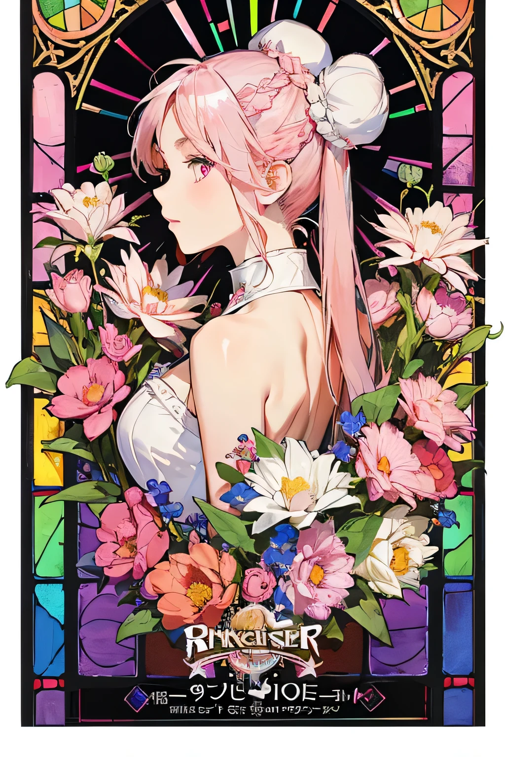 (masterpiece, Highest quality), 8K,(((Very detailed))), race:1.8,Super intricate race pattern,colorful race pattern,Stained Glass Background, kaleidoscope,light up, 1 female,Open Back,Top Bust:1.5,(Hair Ribbon:0.4), Pink Eyes,(((White bun hair))),(((Long pink hair))),