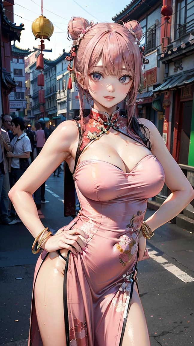 (Masterpiece, BestQuality:1.3), (ultra detailed:1.2), (hyperrealistic:1.3), (RAW photo:1.2), High detail RAW color photo, professional photograph, (Photorealistic:1.4), (realistic:1.4), (Pink Hair:1.5), professional lighting, perfect anatomy, (Big Breasts:1.2), (blush, detailed face), (A happy smile:1.7), Trending Hair&Trending Hairカラーをランダムに, earrings, necklace, bracelet, sexly, erotic sexly, Random sexy gravure poses, (Sexy beauty in a red Chinese dress、Posing in Chinatown、Black hair bun、A captivating smile、Hands on hips。:1.3)