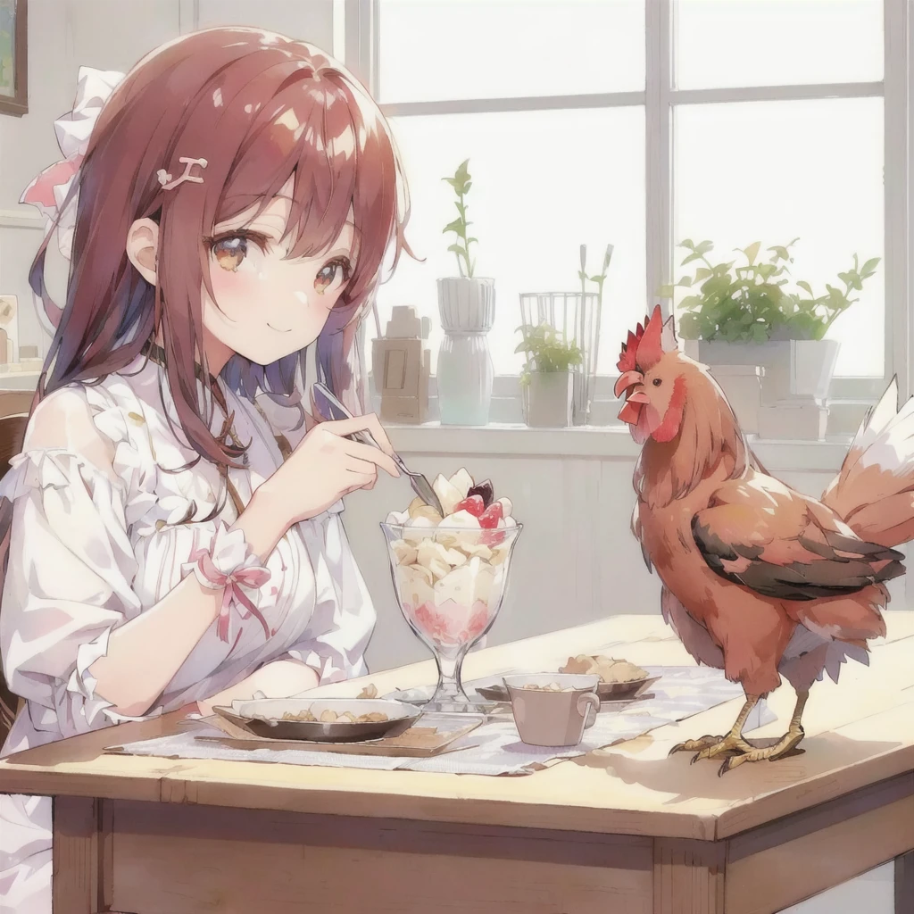 Anime girl eating parfait and a rooster on the table, smile,Anime Food, Cute girl anime visuals, Realistic Anime 3D Style, sakimi chan, everyone, Highly detailed official artwork, I also make fan art, Pixiv, Cute Anime Girl, Realistic anime art style, Trending on cgstation, trending on artstation Pixiv, Beautiful and detailed anime art