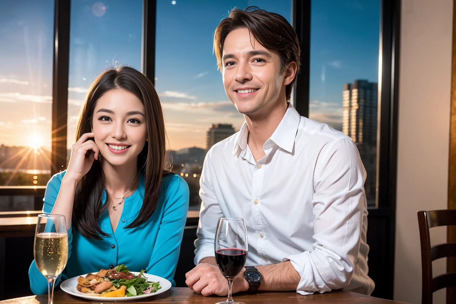 ((Highest quality、8K、masterpiece:1.3))、1 male 1 female、Slim lover、Beautiful couple、Smile、full-course dinner、 (Slim face), (the body is スリム), (Brown Hair), (Shortcuts), ((Bob Hale、Straight hair:1.2)), テーブルの上のwine glass、Shine light on your face、 Amazing view of the sunset sky and clouds、The beauty of a smile、Bright image、Blushing, Shortcuts, (43 years old), 39 years old, Appetizers、Italian food、Wine bottle、Champagne、sparkling wine、Long sleeve shirt、dress、Attractive beauty、restaurant, Nova Frog Style, actress, model, Upper Body, White wine, red wine, wine glass,