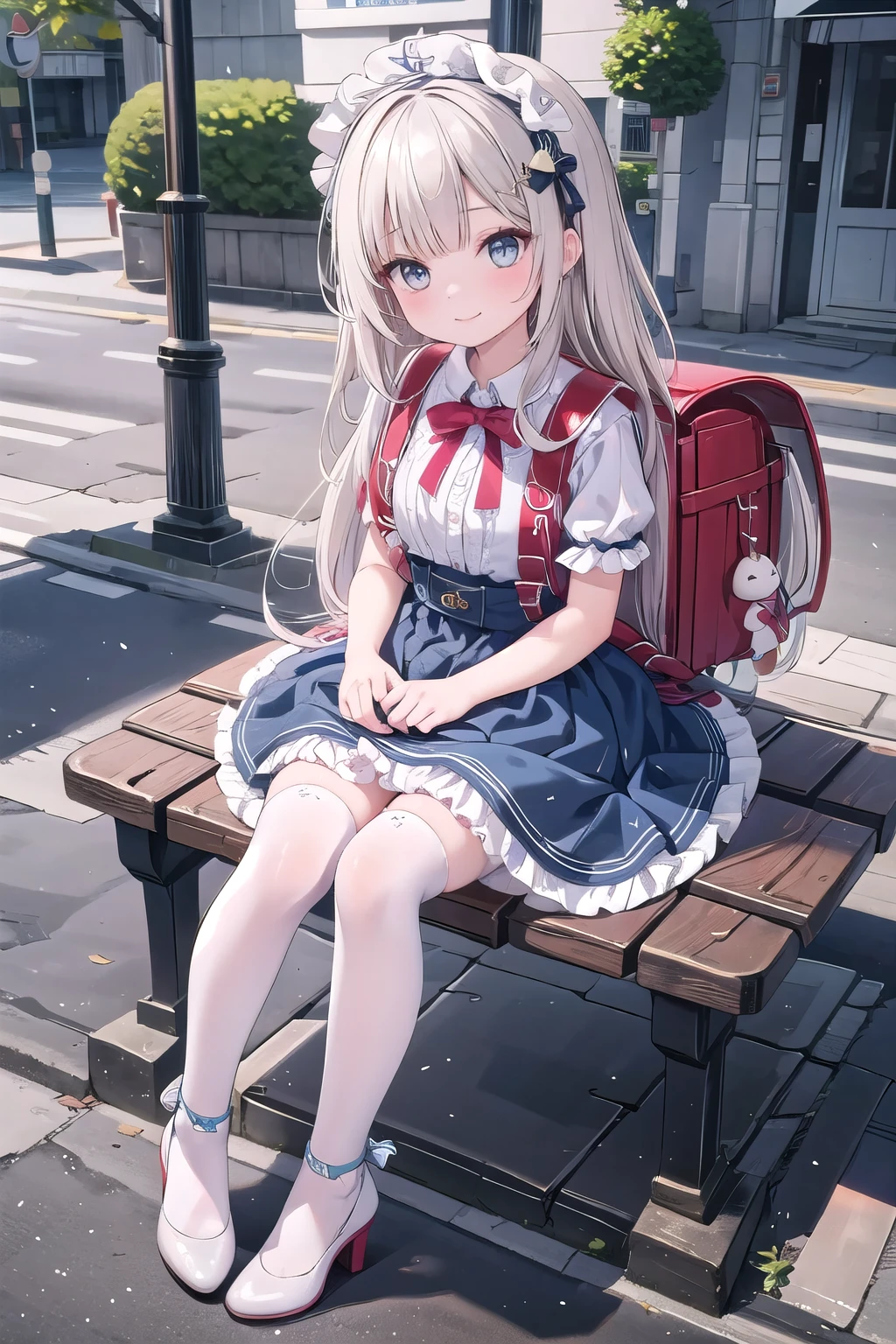 best quality, quality, masterpiece,  1girl, solo, full body, standing, long hair, straight hair, blunt bangs, looking at viewer, smile, blue dress,lolita dress, shiny dress, bow, apron, frills, puffy short sleeves, hair ornament, white thighhighs, white long socks, fullbody, Sitting, Sitting on bench, white high heels boots, colorful dress, street, wearing red backpack, (backpack:1.2)