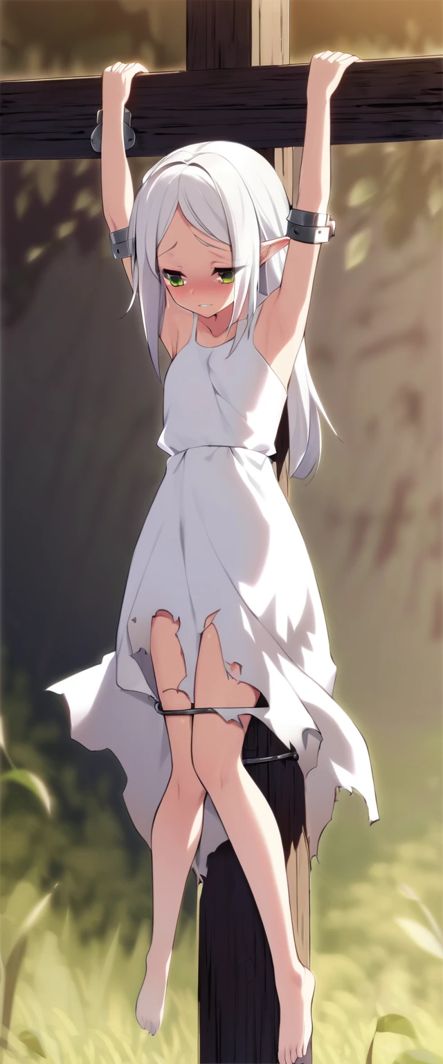 one girl, handcuffed her hands above head, slave,, white hair, princess, naive, endure, crucifixion, nsfw, young, nsfw, torn dress, restrained, cute, white dress, elf, beautiful legs