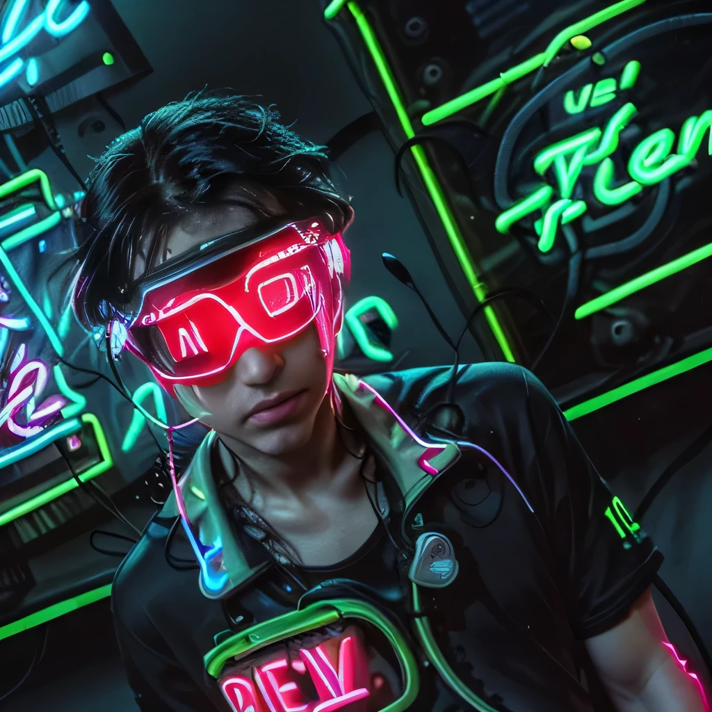 best quality, ultra-detailed, realistic, (1man), (black shirts:1.3), (fluorescent goggles:1.5), (neon sign:2.0), (upper body),(dutch angle)