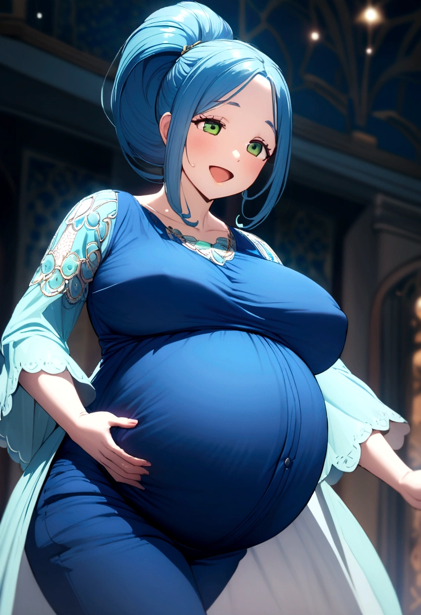 pregnant beautiful tall mom with blue ponytail hair, green eyes, big breast, blue top shirt, blue shorts, happy