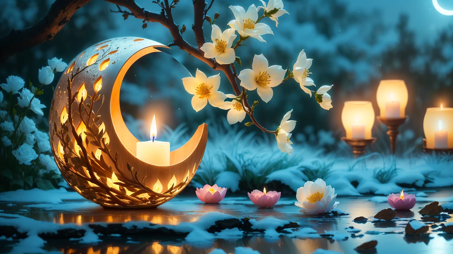 A vase of flowers with a lit candle, Moon and candle, night with Moon and candle, 柔らかなmoonlightの照明, Very beautiful photos, Beautiful moonlight, Dreamy atmosphere of a moonlit night, Beautifully illuminated, Cozy candlelight, 美しいmoonlightの夜, Peaceful atmosphere, wonderful、wonderful構成, Beautiful lighting, Beautiful composition, Moonlight, moonlight