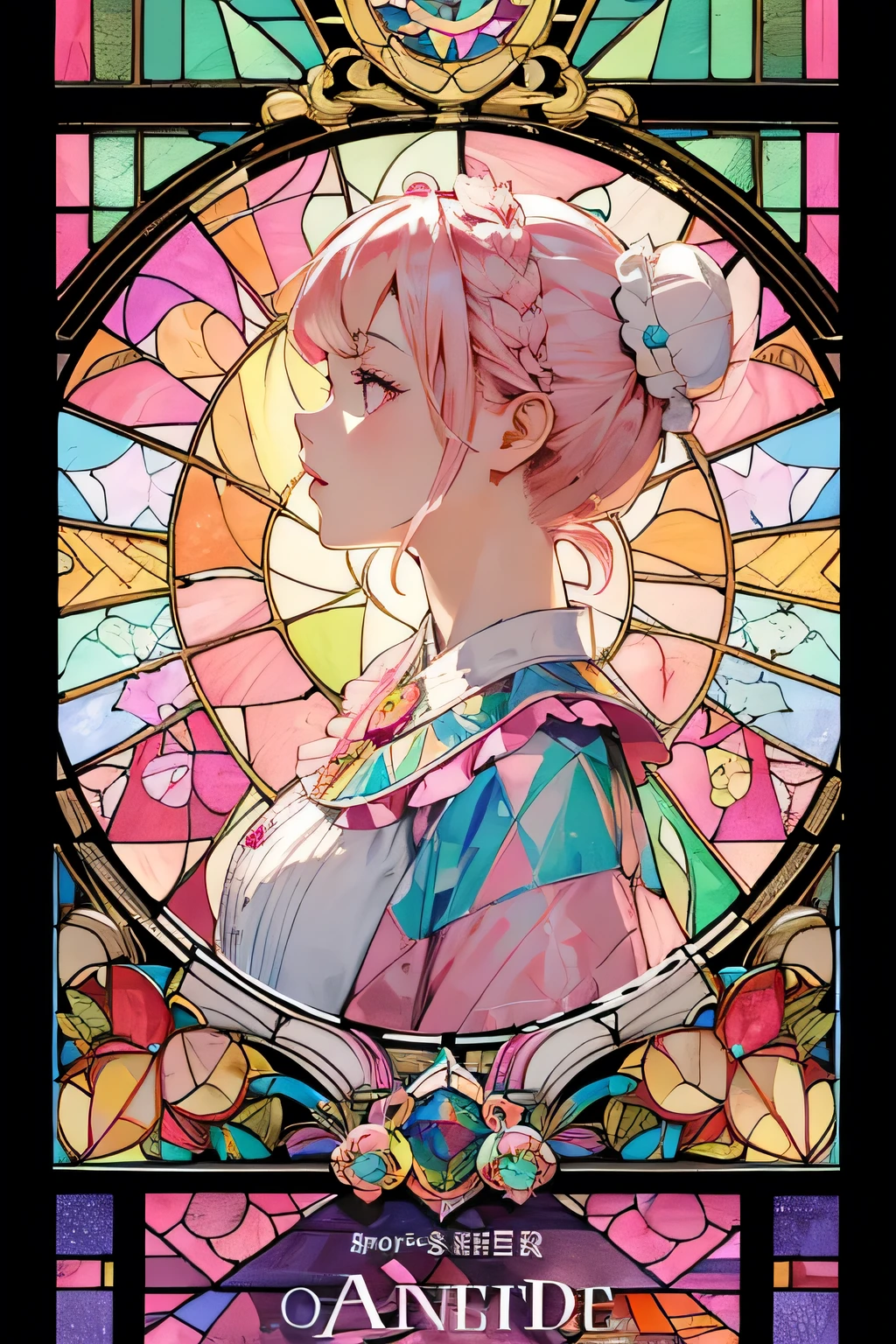 (masterpiece, Highest quality), 8K,(((Very detailed))), race:1.8,Super intricate race pattern,colorful race pattern,Stained Glass Background, kaleidoscope,light up, 1 female,Open Back,Top Bust:1.5,(Hair Ribbon:0.4), Pink Eyes,(((White bun hair))),(((Long pink hair))),
