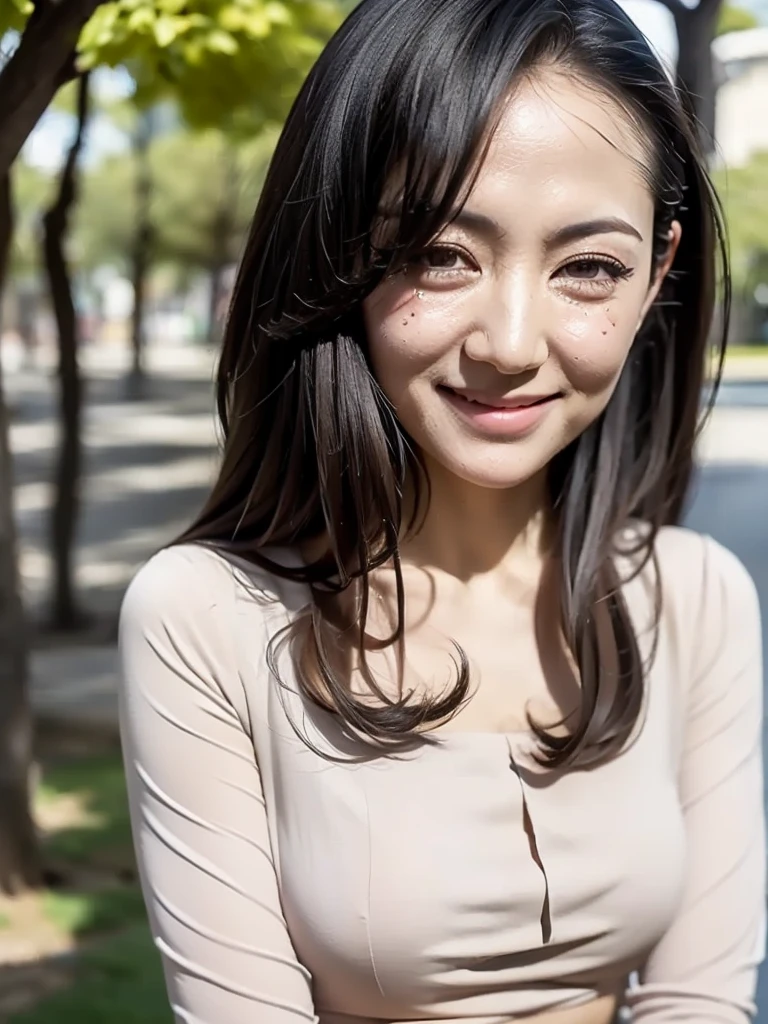 ((Highest quality, 8K, Ultra-high resolution)), ((masterpiece: 1.3)), (Perfect appearance), (Photorealism: 1.6), (JMA), (Portrait of a Japanese mature woman), (Blurred Background), (sunny day in a park), (Woman standing in the shade), ((Look here)), ((Realistic skin texture)), (Fine wrinkles appear all over the skin, Dullness, Unmoisturized skin, Wrinkles around the eyes, double eyelid, Lower eyelid tear trough, Tears, Dimples), (Precise eyeball), Slightly parted lips, Smiling Kindly, (Medium Wave Hairstyle), (Wide neckline blouse), (Soft-touch blouse), (Voluptuous body), (Large Breasts), (Close-up of face),