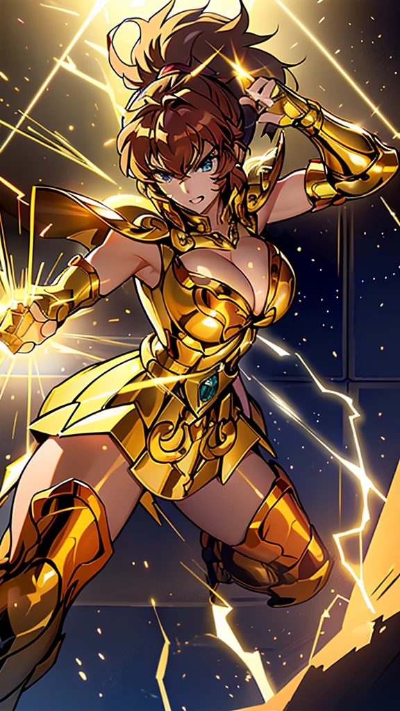 Gold Armor, 4K image, rallies, best quality, masterpiece, movie lighting ，Sexy，Large Breasts，Cleavage，action，In battle，cleavage，anger，noble，Light beams from hands，Golden lightning all around，red hair，ponytail hairstyle，Saint Seiya Leo Aiolia，Wink，lipstick