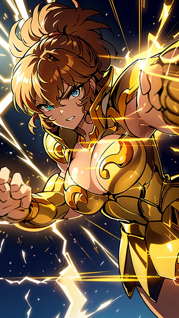 Gold Armor, 4K image, rallies, best quality, masterpiece, movie lighting ,Sexy,Large Breasts,Cleavage,action,In battle,cleavage,anger,noble,Light beams from hands,Golden lightning all around,red hair,ponytail hairstyle,Saint Seiya Leo Aiolia,Wink,lipstick