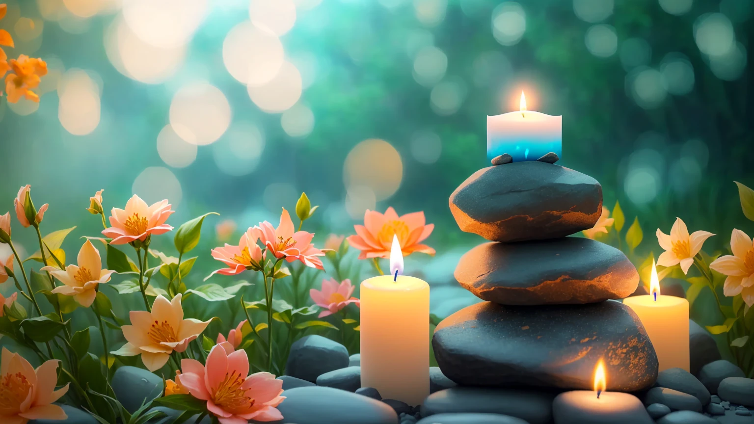 A lit candle stands on a pile of rocks with flowers in the background, Peaceful atmosphere, Relaxed atmosphere, Calm evening atmosphere, Peaceful atmosphere, Warm and fun atmosphere, Beautifully illuminated, Serene landscape, Peaceful environment, Zen Nature Background, Relaxing environment, Softly lit, Quiet environment, Natural candle lighting, Peaceful mood, Soft glow, Calm and peaceful atmosphere, Zen feeling, Gentle lighting