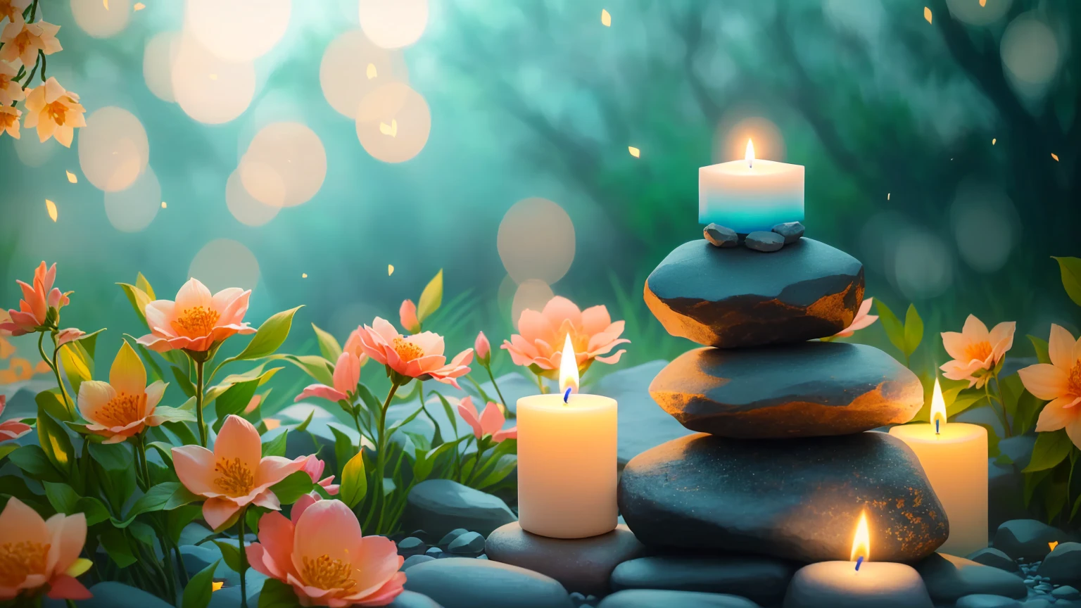 A lit candle stands on a pile of rocks with flowers in the background, Peaceful atmosphere, Relaxed atmosphere, Calm evening atmosphere, Peaceful atmosphere, Warm and fun atmosphere, Beautifully illuminated, Serene landscape, Peaceful environment, Zen Nature Background, Relaxing environment, Softly lit, Quiet environment, Natural candle lighting, Peaceful mood, Soft glow, Calm and peaceful atmosphere, Zen feeling, Gentle lighting