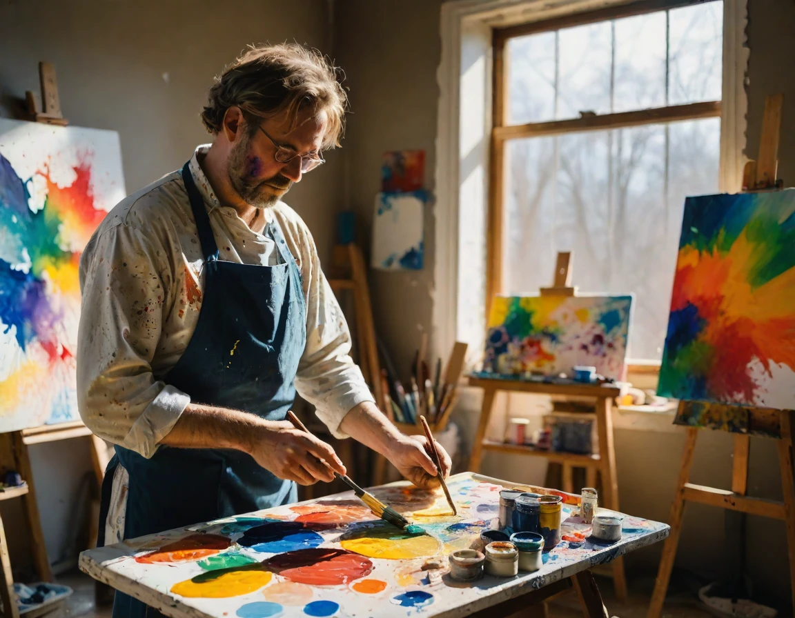 An artist in a cozy, well-lit studio, intently focused on painting a large canvas. The room is filled with art supplies, sketches, and unfinished works. The artist, dressed in a paint-splattered smock, holds a brush, with vibrant colors on the palette beside him. The masterpiece in progress is an intricate, colorful, and imaginative scene. Sunlight streams through large windows, casting a warm glow over the scene, highlighting the passion and creativity in the artist's expression.