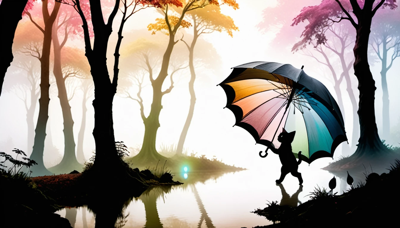 (photo cinematic), Park or forest landscape with trees and plants shrouded in mist, silhouette of anthropomorphic kitten walking with colorful umbrella drawn in soft tones, expressing the relaxing feeling of walking alone in nature, Jean-Baptiste Monge style, Alan Lee style