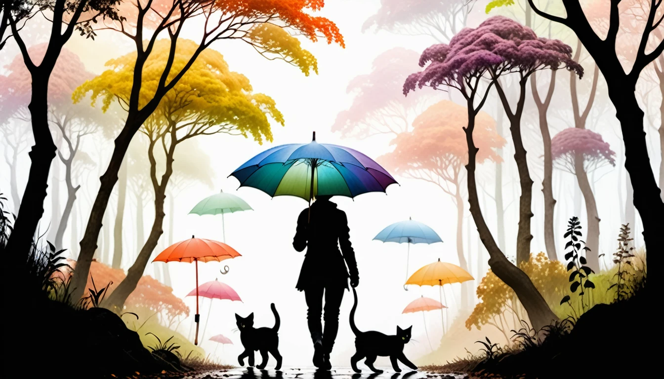 (photo cinematic), Park or forest landscape with trees and plants shrouded in mist, silhouette of anthropomorphic kitten walking with colorful umbrella drawn in soft tones, expressing the relaxing feeling of walking alone in nature, Jean-Baptiste Monge style, Alan Lee style