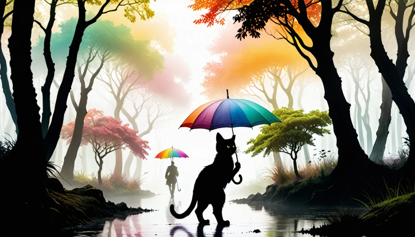 (photo cinematic), Park or forest landscape with trees and plants shrouded in mist, silhouette of anthropomorphic kitten walking with colorful umbrella drawn in soft tones, expressing the relaxing feeling of walking alone in nature, Jean-Baptiste Monge style, Alan Lee style