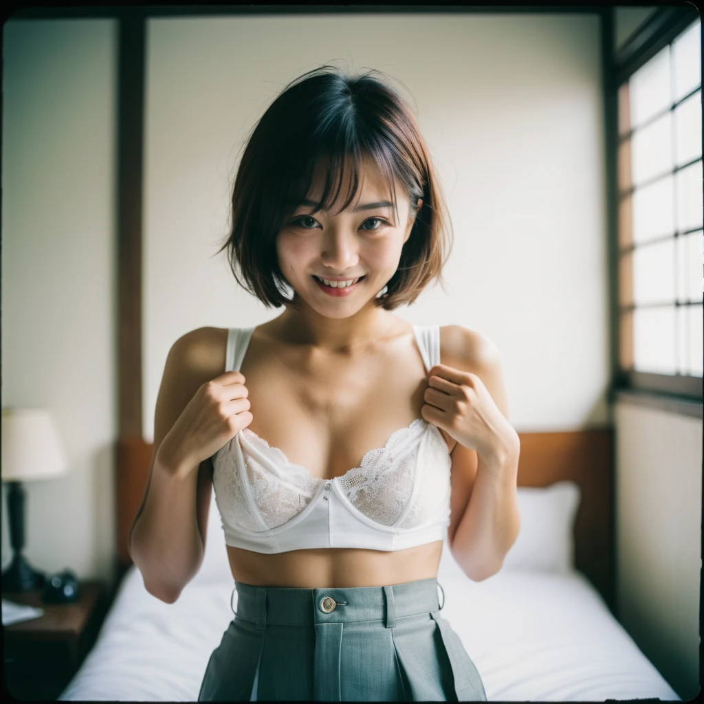 Cinematic photo of lusty Japanese girl shyly holding her shirt half open with her hands to tease the viewer, Short Bob,smile,Sexy Underwear,RAW Candid Cinema, 16mm, Color graded Portra 400 film, Great color textured skin, Incredibly fine pupils, Skin noise, Visible pores, Filmed with a movie camera,Full-body portrait with expressive eyes, Small breasts,Cleavage
