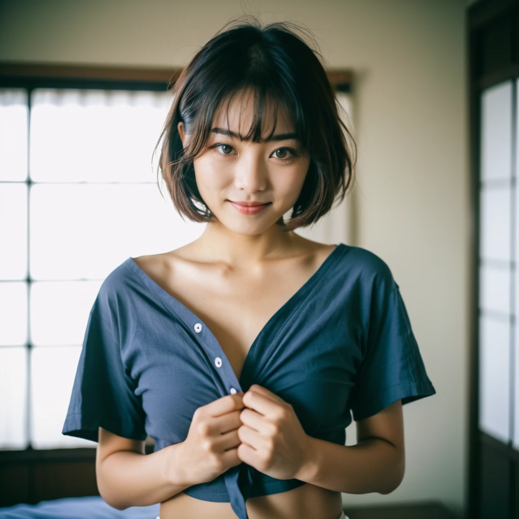 Cinematic photo of lusty Japanese girl shyly holding her shirt half open with her hands to tease the viewer, Short Bob,smile,Sexy Underwear,RAW Candid Cinema, 16mm, Color graded Portra 400 film, Great color textured skin, Incredibly fine pupils, Skin noise, Visible pores, Filmed with a movie camera,Full-body portrait with expressive eyes, Small breasts,Cleavage